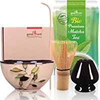 Goodwei Juego de Matcha - 30g Té Matcha Biológico Japonés- Cuenco Ceremonial- Batidor y Soporte (Bamboo)